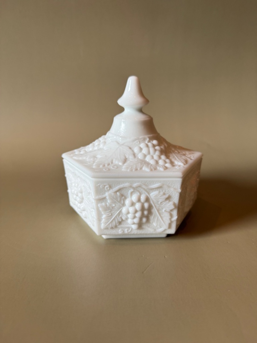 Imperial Glass Milk Glass Paneled Grape Lidded Candy Dish | Grapes & Leaves - Picture 2 of 9